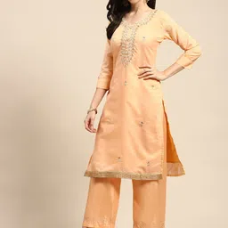 Rajnandini Peach-Coloured & Golden Embellished Semi-Stitched Dress Material image 2