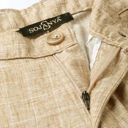 SOJANYA Men Beige & White Smart Fit Checked Formal Trousers image 2