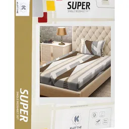 KLOTTHE Grey & Brown Geometric Printed 300TC Single Fitted Bedsheet With Pillow Cover image 4