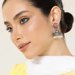 AITIHYA Silver-Plated Artificial Stones & Beads Oxidised Dome Shaped Jhumkas-picture-17