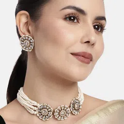 I Jewels White Beaded Kundan-Studded Gold-Plated Choker Jewellery Set-picture-28