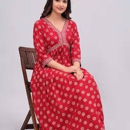 NEW4U Floral Printed V-Neck Sequinned Empire Midi Ethnic Dress-picture-38