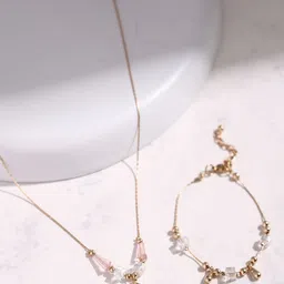 DEEBACO Women Rose Gold-Plated Red & White Stone Studded Jewellery Set-image-21