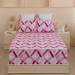 HOMEMONDE Pink & White Printed Cotton 210 TC Fitted Single Bedsheet with 1 Pillow Cover image 1
