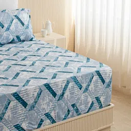 HOMEMONDE Blue & White Printed Cotton 210 TC Fitted Single Bedsheet with 1 Pillow Cover image 2