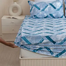 HOMEMONDE Blue & White Printed Cotton 210 TC Fitted Single Bedsheet with 1 Pillow Cover image 3