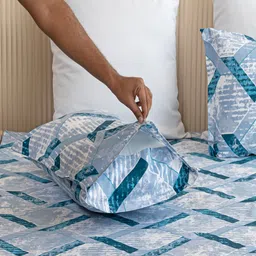 HOMEMONDE Blue & White Printed Cotton 210 TC Fitted Single Bedsheet with 1 Pillow Cover image 5