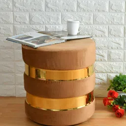 Shadowkart Beige Wooden & Velvet Ottoman Pouffe Stool-image-50