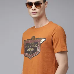 u.s. polo assn. denim co. U S Polo Assn Denim Co Men Orange Brand Logo Printed Pure Cotton Slim Fit T-shirt image 1