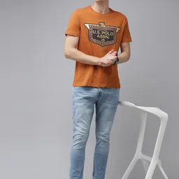 u.s. polo assn. denim co. U S Polo Assn Denim Co Men Orange Brand Logo Printed Pure Cotton Slim Fit T-shirt image 5
