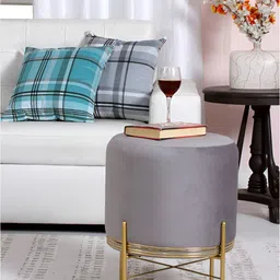 Shadowkart Grey & Gold Toned Wooden Round Pouffe Ottoman image 1