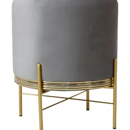 Shadowkart Grey & Gold Toned Wooden Round Pouffe Ottoman image 3