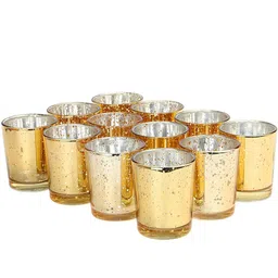 TIED RIBBONS Set Of 12 Gold-Toned Patterned Glass Candle Holders With Candles image 1