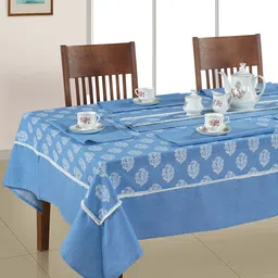 SWAYAM Blue & White 8-Pieces Printed Cotton 6-Seater Table Linen Set image 1