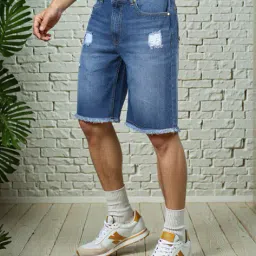 Shein Street Knee Length Frayed Hem Distressed Denim Shorts image 2