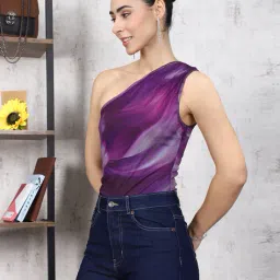 Shein One Shoulder Pleated Detail Tie & Dyed Leotard Top image 2