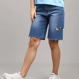 Shein High Rise Frayed Hem Distressed Denim Shorts-image-86