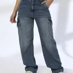 Women Mid-Wash Parallel Fit Cargo Jeans-image-14
