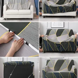 HOKIPO Grey & Green Abstract Printed 3 Seater Stretchable Sofa Cover With Arms image 5