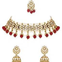 I Jewels Gold-Plated Stones Studded & Beads Beaded Necklace With Earrings & Maang Tika image 2