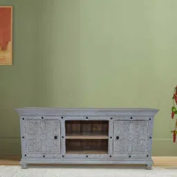 myoon Vintage Royal Solid Wood Hand Carved TV Console in Grey Colour image 1