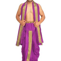 Exotic India Art Silk Dhoti and Angavastram Set with Wide Golden Border (Ready to Wear)-picture-44