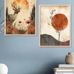 Kotart Brown & Off White 2 Pieces Deer& Trees Printed Wooden Wall Arts image 2