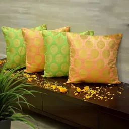RoyalDeco Coral & Green 4 Pieces Ethnic Motifs Brocade Square Cushion Covers-image-89