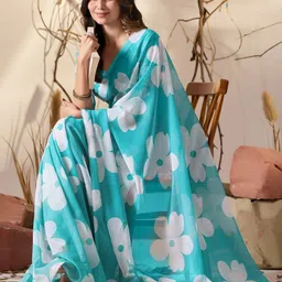 HERE&NOW Floral Printed Pure Georgette Saree With Blouse Piece image 4