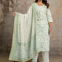 Anouk Floral Printed Round Neck Pure Cotton Straight Kurta With Trousers & Dupatta-picture-42