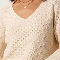 Happiness istanbul Women Krem Self Design Long Sleeves Pullover Sweaters image 2