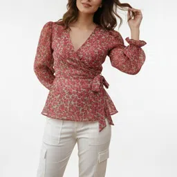 ANVI Be Yourself Floral Print V-Neck Puff Sleeve Waist Tie-Up Wrap Top-image-19