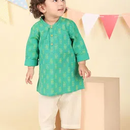 Fabindia Boys Geometric Printed Flared Sleeves Mirror Work Kurta image 3