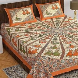 Comfowell Orange & Cream-Coloured Floral 220 TC King Bedsheet with 2 Pillow Covers-image-0