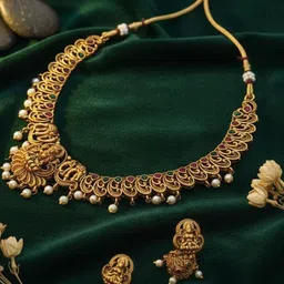 FIMBUL Gold-Plated Stone-Studded & Beaded Temple Necklace and Earrings-image-16