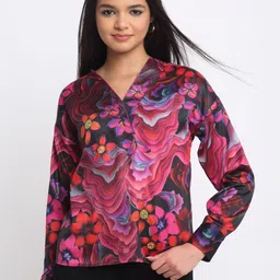 SHAYE Women Black V-Neck Floral Print Full Sleeves Casual Tops-picture-41