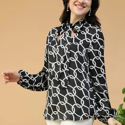 Oxolloxo Graphic Printed Tie-Up Neck Long Sleeves Regular Top-image-42
