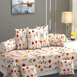 AMRANGE Off White & Red 8 Pieces Floral Printed Bedsheet with Bolster and Cushion Covers-image-98