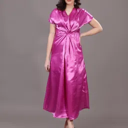 MODA-Q Solid Satin V-Neck A-Line Midi Dress image 4