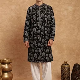 Men's Heritage Thread Work Black Embroidered Kurta Set In Silk by Souragya-image-34