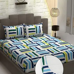AaHo Decor White & Blue Geometric 300 TC King Bedsheet with 2 Pillow Covers image 2