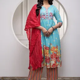 Juniper Women Floral Embroidered Pure Cotton A-Line Kurta with Palazzo & Dupatta-image-0