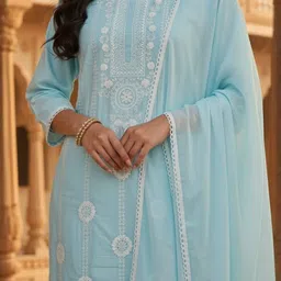 MASSTANI BY INDDUS Women Ethnic Motifs Embroidered Regular Thread Work Pure Cotton Kurta with Trousers & image 3