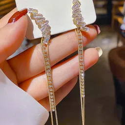 Vembley Gold-Plated Crystal Studded Geometric Tassel Korean Drop Earrings image 4