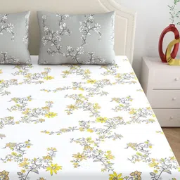 Home Ecstasy Grey & White Floral 140 TC Queen Bedsheet with 2 Pillow Covers image 4