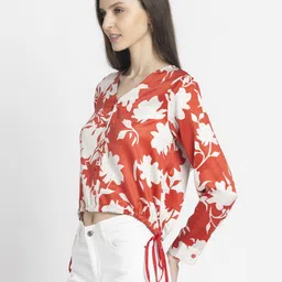 SHAYE Women Shaye Red V-Neck Printed Full Sleeves Casual Tops image 2