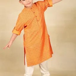 Fabindia Boys Ethnic Motifs Block Printed Band Collar Roll-Up Sleeves Straight Kurta image 3