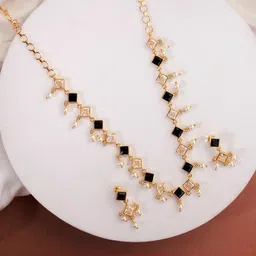 Opal Touch Gold-Plated Cubic Zirconia Studded & Artificial Beaded Necklace With Earrings-image-50