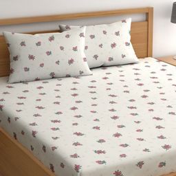 CHHAVI INDIA White & Pink Floral 210 TC King Bedsheet with 2 Pillow Covers-picture-31