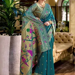 Mitera Woven Design Zari Silk Blend Handloom Paithani Saree image 2